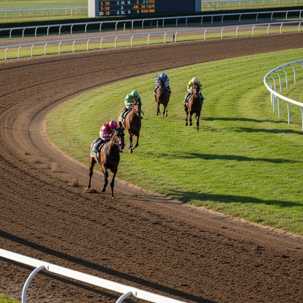 コーナーを走る競走馬たち
